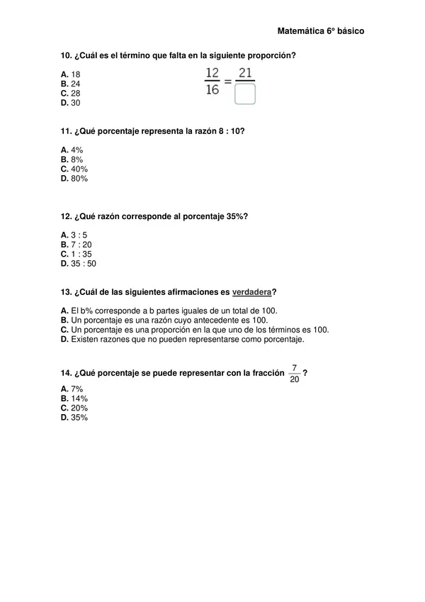 Evaluación de matemática 6° año, unidad: "Razones y Porcentajes"
