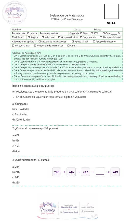 Evaluación de Matemática 2° Básico | Primer Semestre