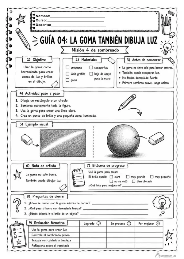 Set de 10 Guías sobre "Sombreado" - Artes Visuales 6° Básico a IV° Medio.
