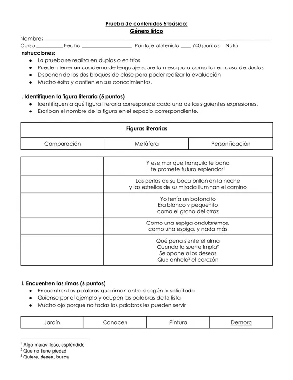 Prueba de contenido género lírico 5to o 6to básico 