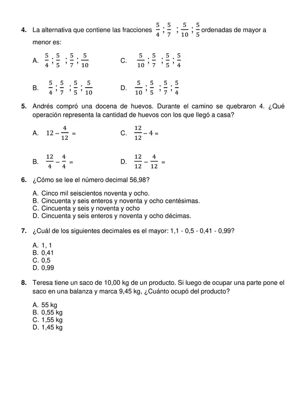 Evaluación "Fracciones y Decimales" 4° año básico.