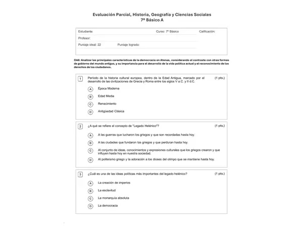 Evaluación Historia Unidad 2: Antigüedad Clásica, Legado Helénico. 7° Básico