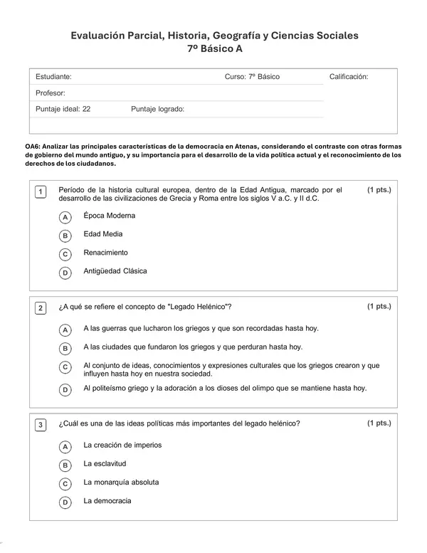 Evaluación Historia Unidad 2: Antigüedad Clásica, Legado Helénico. 7° Básico