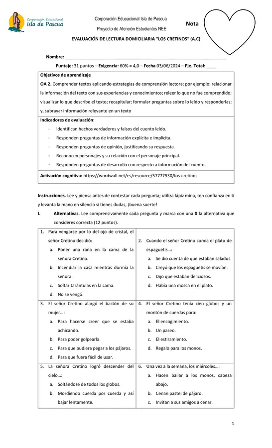 EVALUACIÓN DE LECTURA DOMICILIARIA “LOS CRETINOS” (A.C)