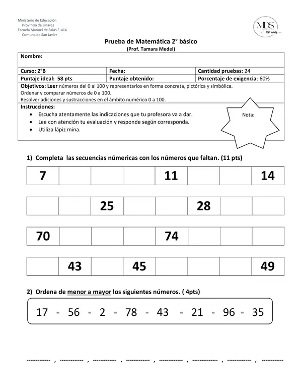 Evaluación números hasta 100 2° básico