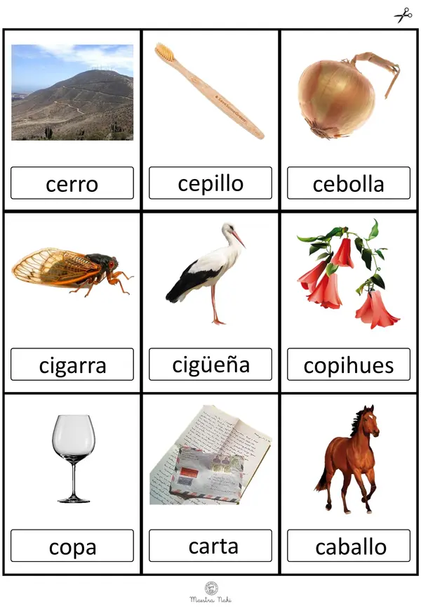 Tarjetas de elementos con inicial A-Z. Imprenta-minúscula.