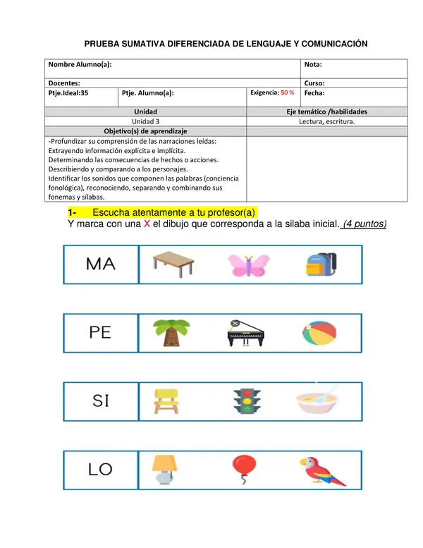 Evaluación sumativa de lenguaje. 