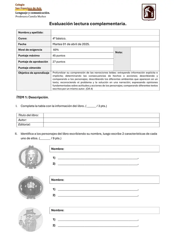 Evaluación libro La familia Guacátela.