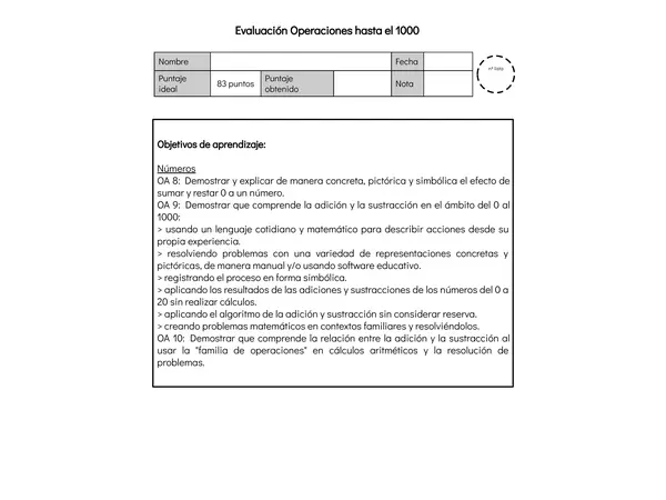 Evaluación Operaciones hasta el 1000 (Segundo básico)