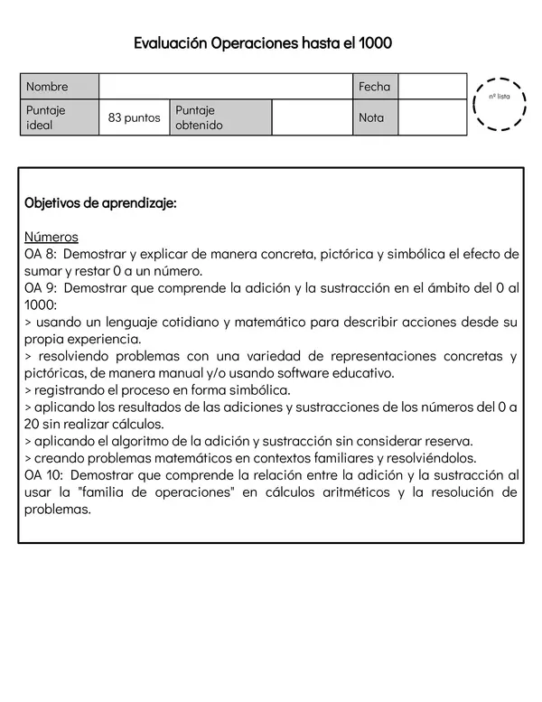 Evaluación Operaciones hasta el 1000 (Segundo básico)