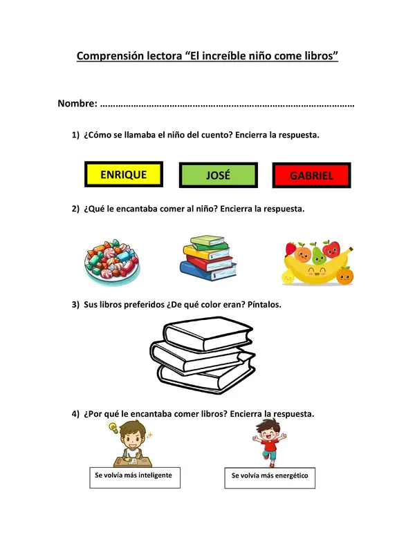 Comprensión lectora "El increíble niño come libros".