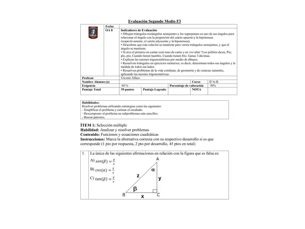 ADECUACIÓN Evaluación trigonometría segundo medio