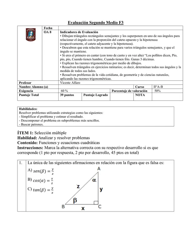 ADECUACIÓN Evaluación trigonometría segundo medio