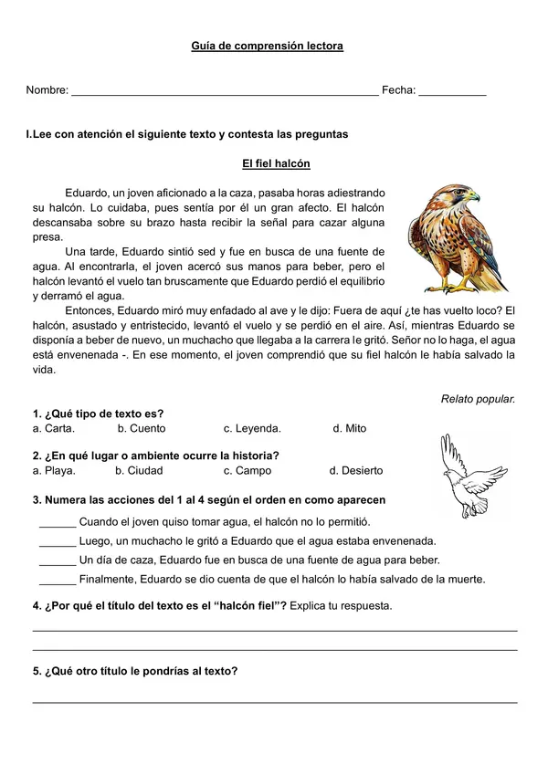 Guía comprensión lectora "El halcón fiel" 4° año.