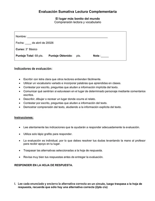 Evaluación El lugar más bonito del mundo