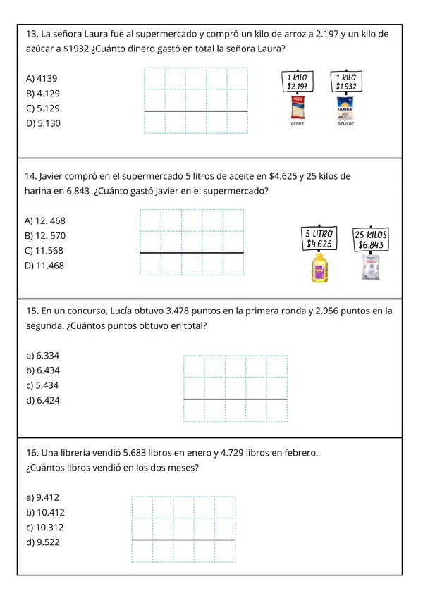 Prueba sumas, restas, resolución de problemas