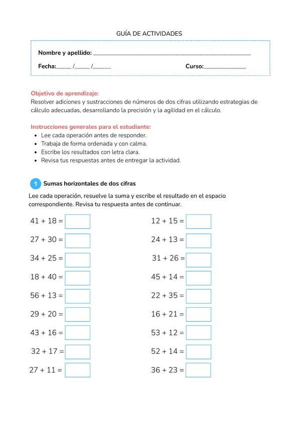 GUÍA DE ACTIVIDADES SUMAS Y RESTAS
