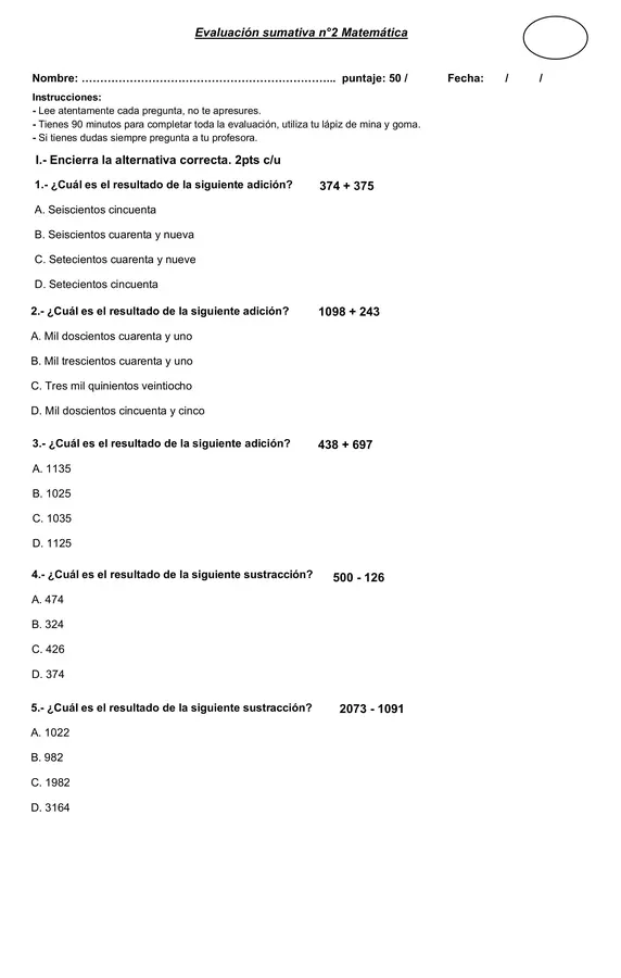 evaluación suma, resta y multiplicación 4to básico
