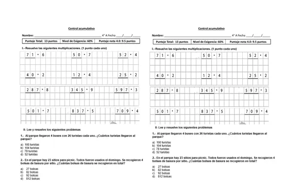 control acumulativo Multiplicación - 4° básico 