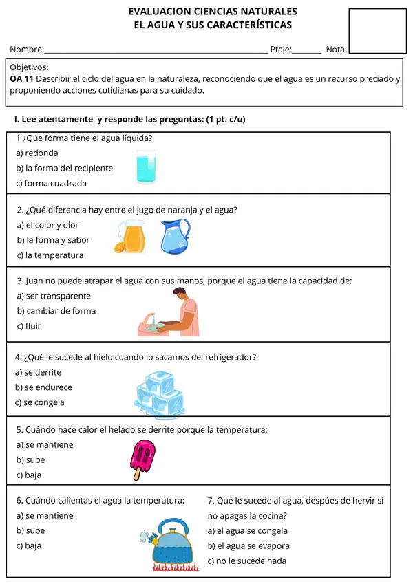 Evaluación de Ciencias: El Agua Estados  2° - 4° Básico | Ciencias Naturales