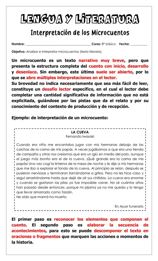 Guía de trabajo - Interpretación de microcuentos- 8° básico (Lengua y literatura)