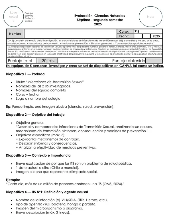 Evaluación de ITS ciencias naturales oa3 causas, síntomas, prevención y salud pública |7° Básico