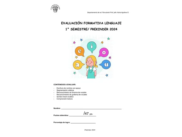 Prueba formativa lenguaje pre kinder 