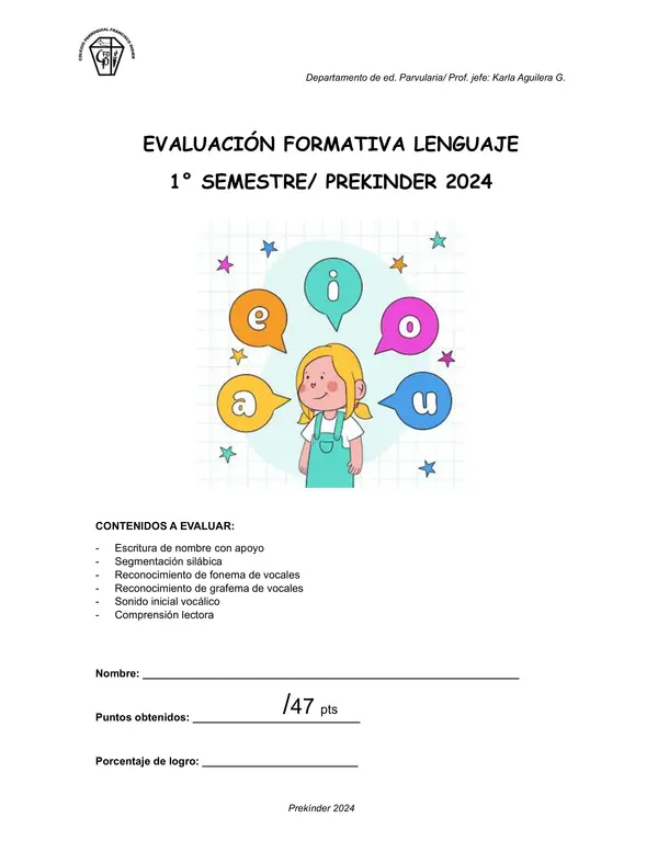 Prueba formativa lenguaje pre kinder 