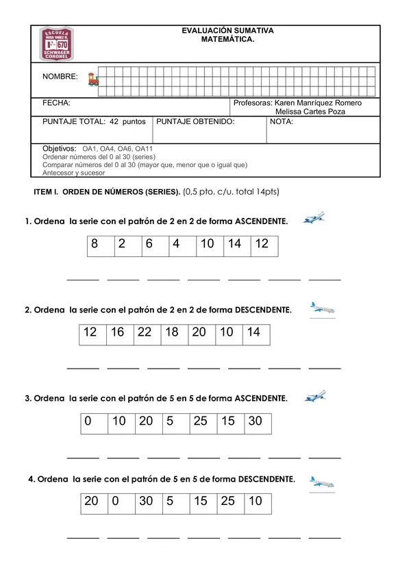 Evaluación matemática del 0 al 30