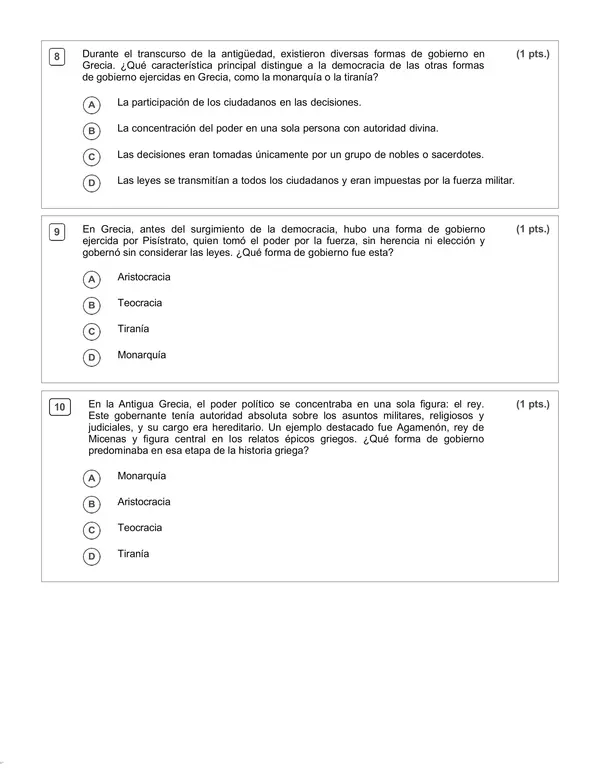 Evaluación Historia Unidad 2: Antigüedad Clásica, Legado Helénico. 7° Básico