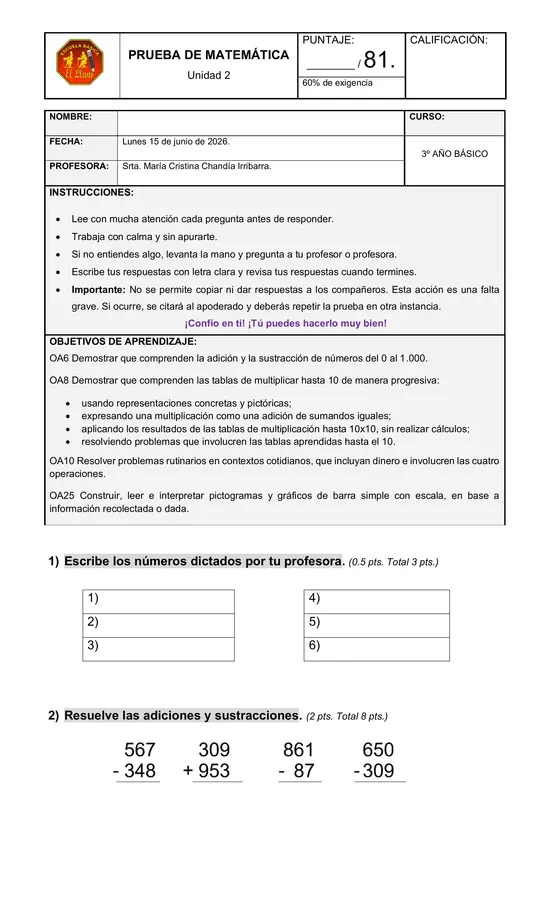Prueba de matemática tercero básico. 