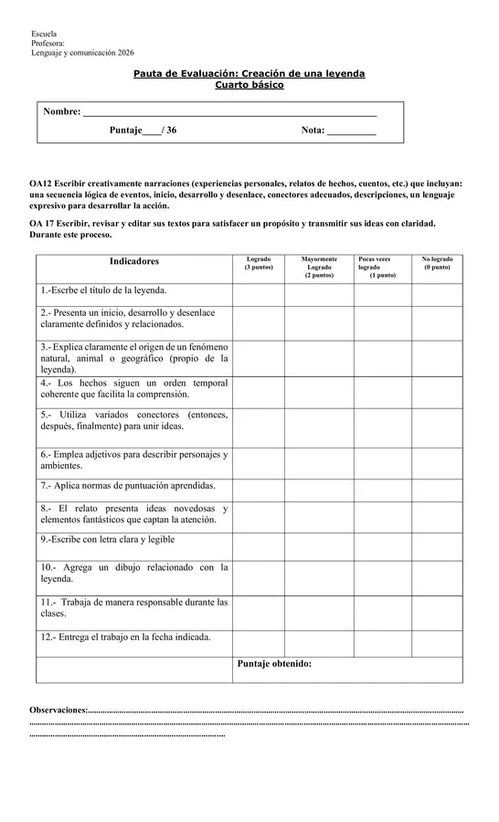 Escritura de una leyenda (Pauta de evaluación) 4° básico