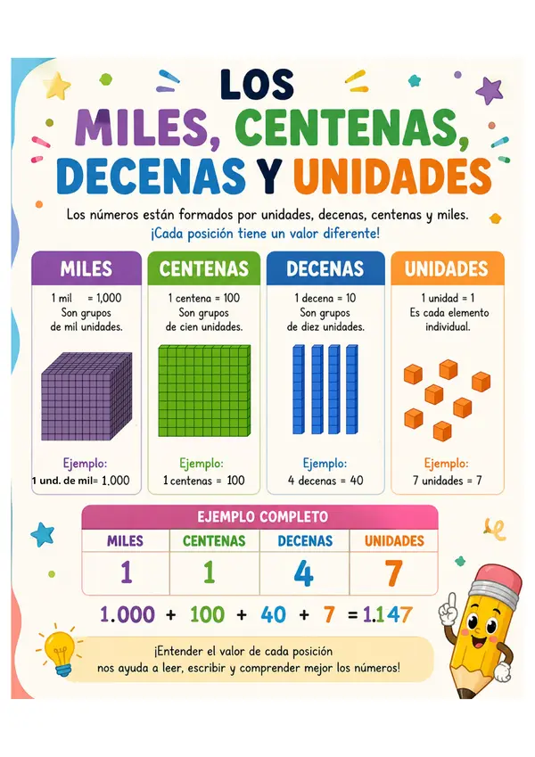 Póster, afiche, cartel: Unidades, decenas, centenas y unidad de mil