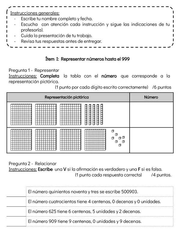 Evaluación Operaciones hasta el 1000 (Segundo básico)