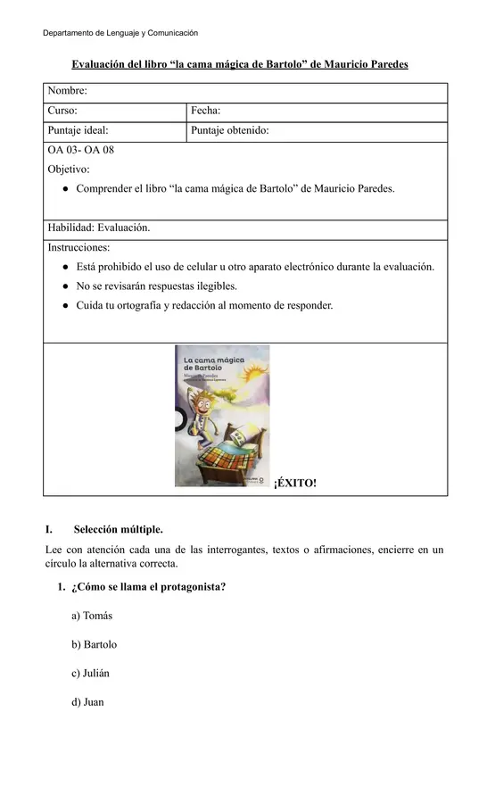 🌟 Prueba de Lectura “La cama mágica de Bartolo” | Actividades Dinámicas + Pauta