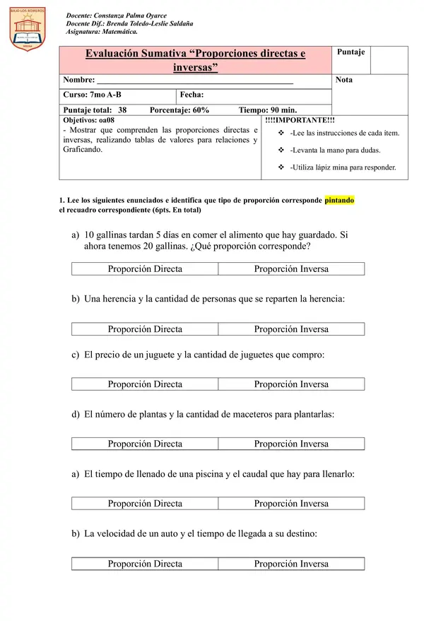 EVALUACIÓN proporciones directas e inversas 