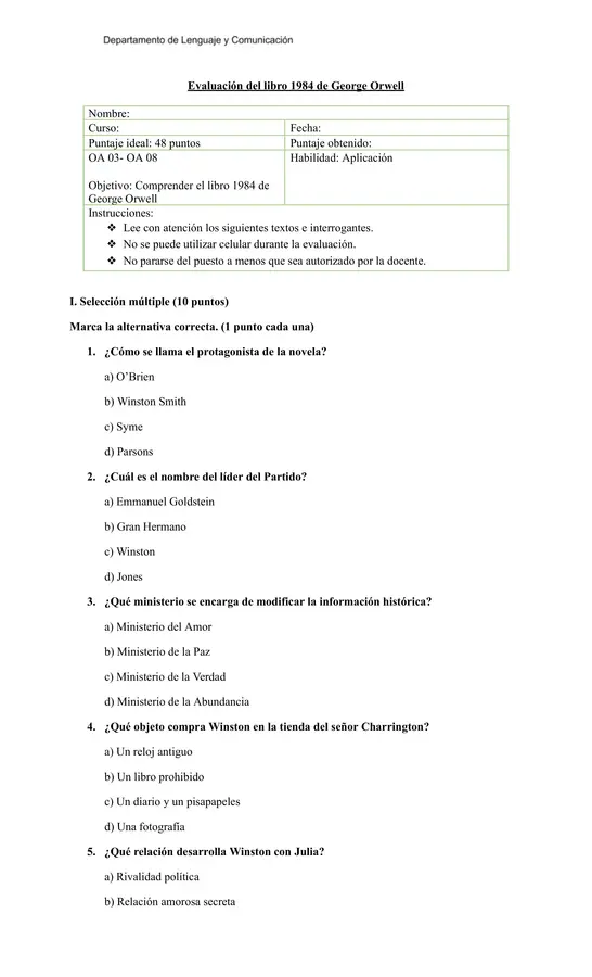 📖 Prueba de Lectura “1984” | George Orwell | Análisis de Fragmentos + Pauta
