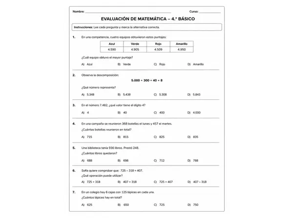 EVALUACIÓN TIPO SIMCE – MATEMÁTICA 4.º BÁSICO