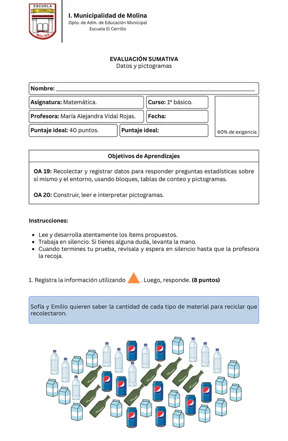 1° básico - Prueba sumativa; Datos y pictogramas