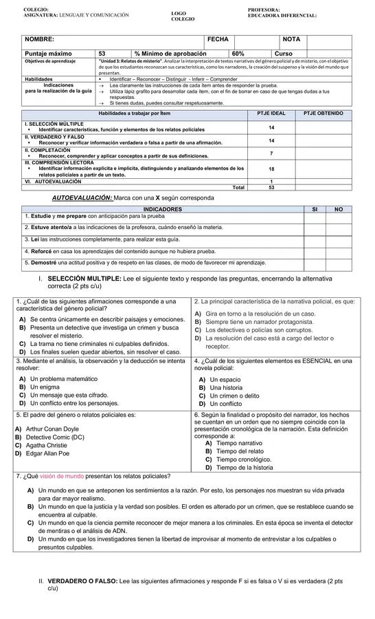 Prueba relatos policiales octavo básico