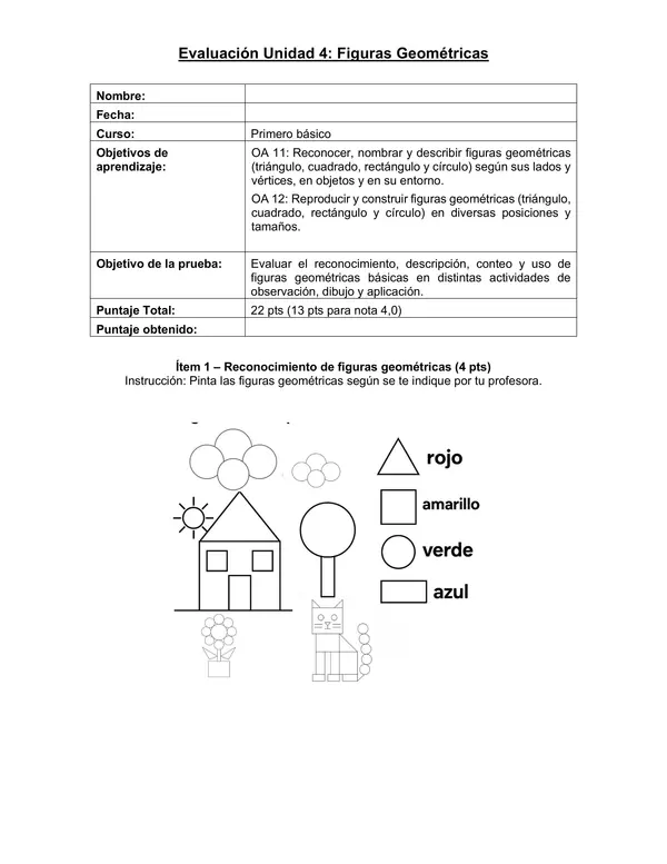 Matemática, Primero básico: Evaluación Unidad 4: Figuras Geométricas