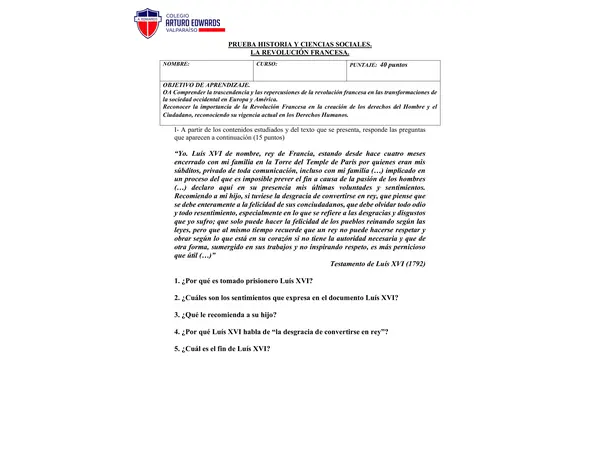 EVALUACIÓN LA REVOLUCIÓN FRANCESA