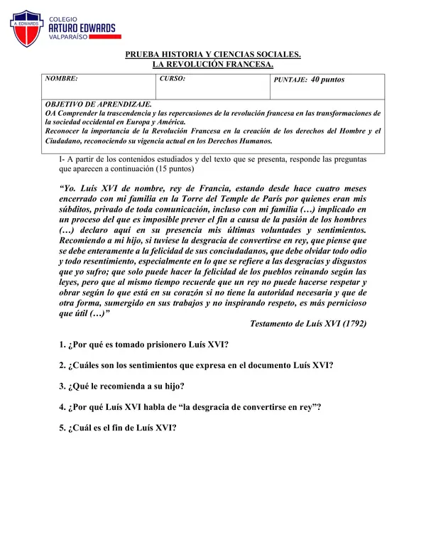 EVALUACIÓN LA REVOLUCIÓN FRANCESA
