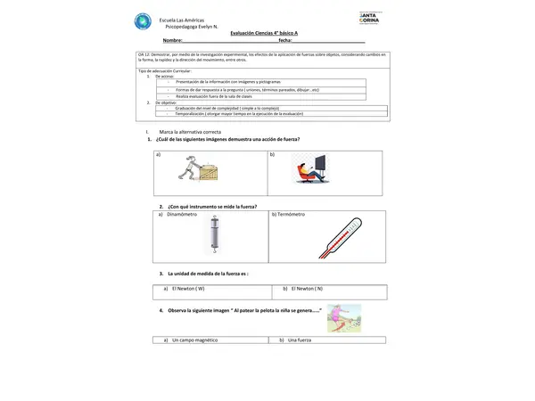 Evaluación ciencias 4° básico. Fuerza y movimiento"