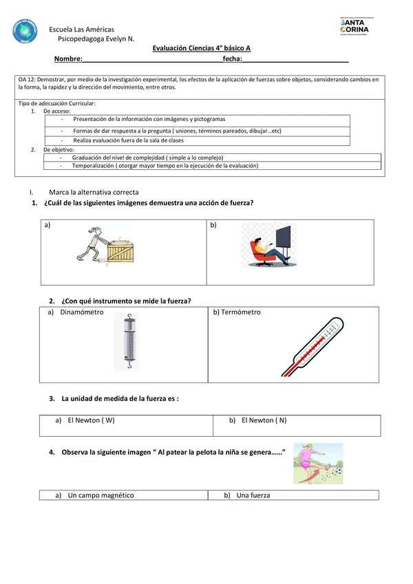 Evaluación ciencias 4° básico. Fuerza y movimiento"