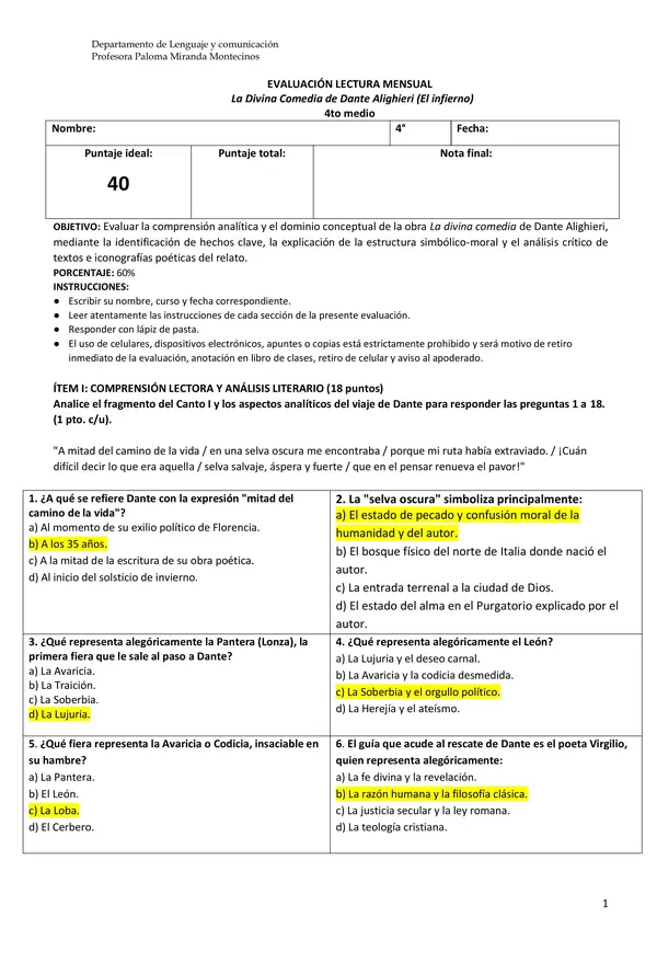 Evaluación "La divina comedia" (El infierno)