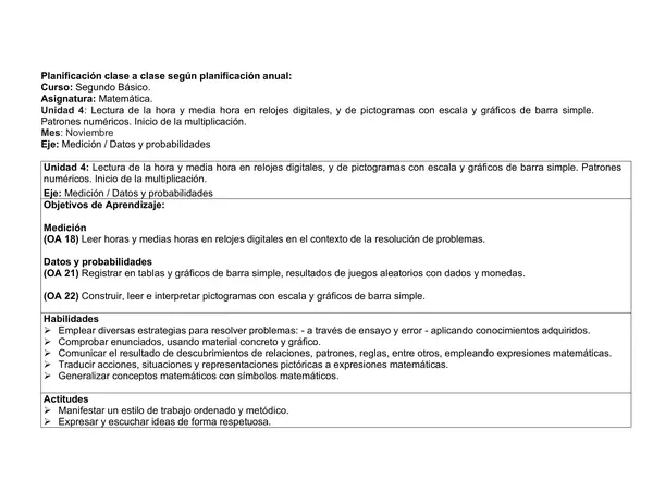Planificación Clase a Clase: Noviembre | Matemática Segundo Básico
