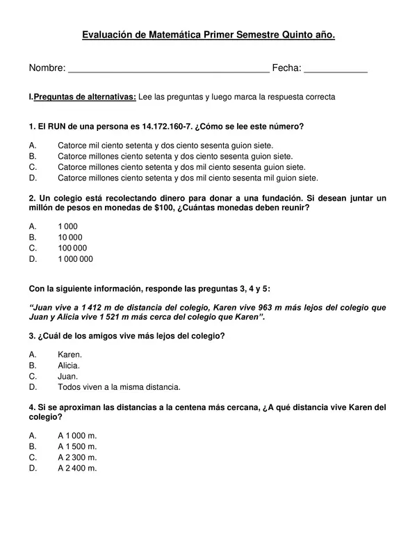 Evaluación de matemática Primer semestre 5° año.