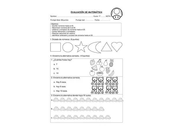 Prueba de Matemática del 0 al 20