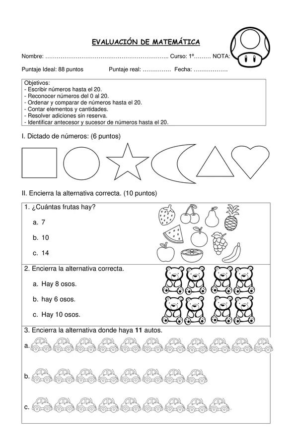 Prueba de Matemática del 0 al 20